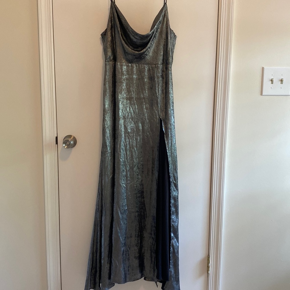 Shimmery black and silver Lulu dress with high slit